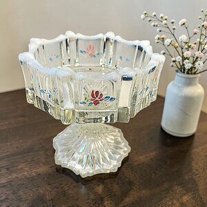 Fenton Clear Art Glass Compote Pedestal Dish Hand Painted Floral Opalescent Rim